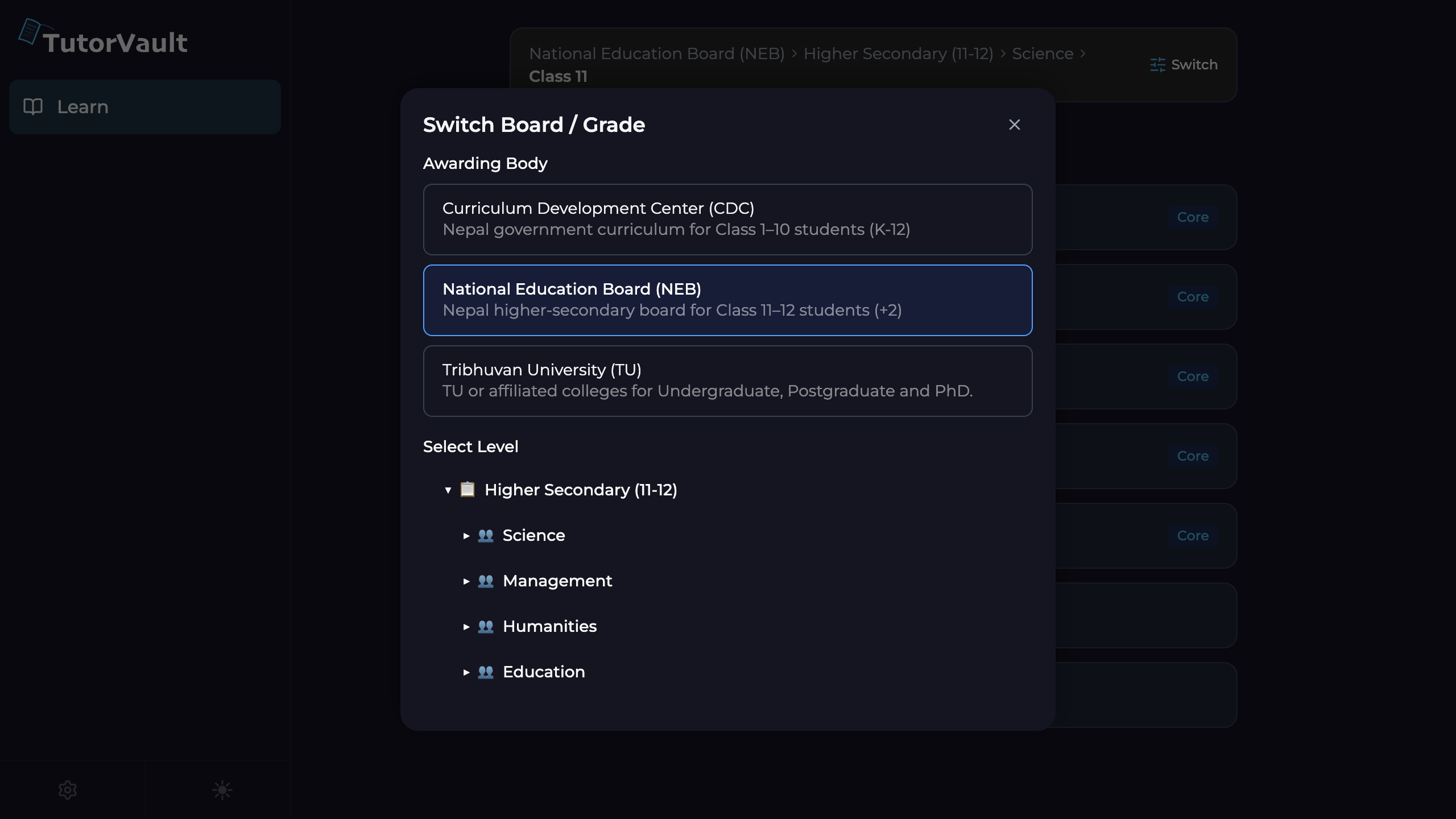 TutorVault course selection screen where a student at a partner institution opens their program's courses