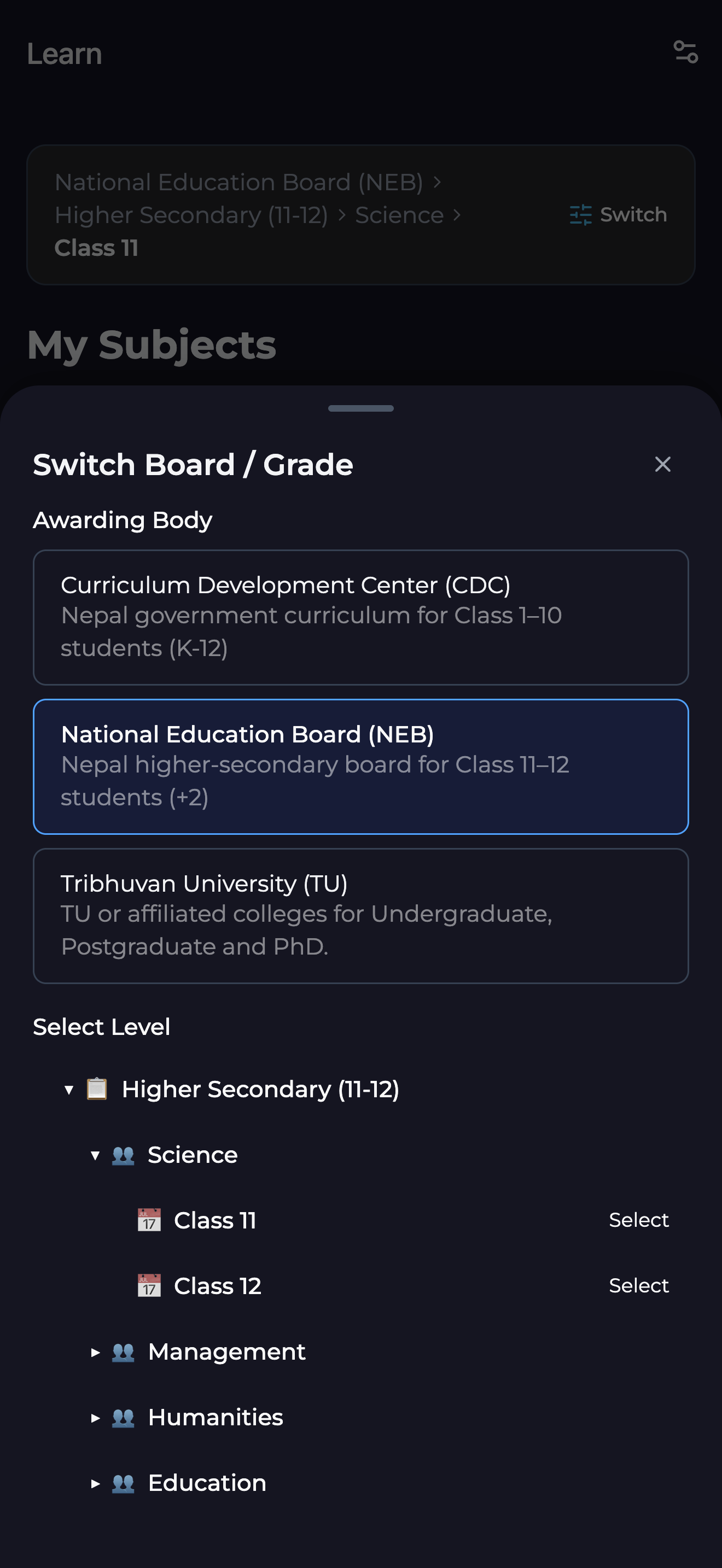 TutorVault course selection screen where a student at a partner institution opens their program's courses