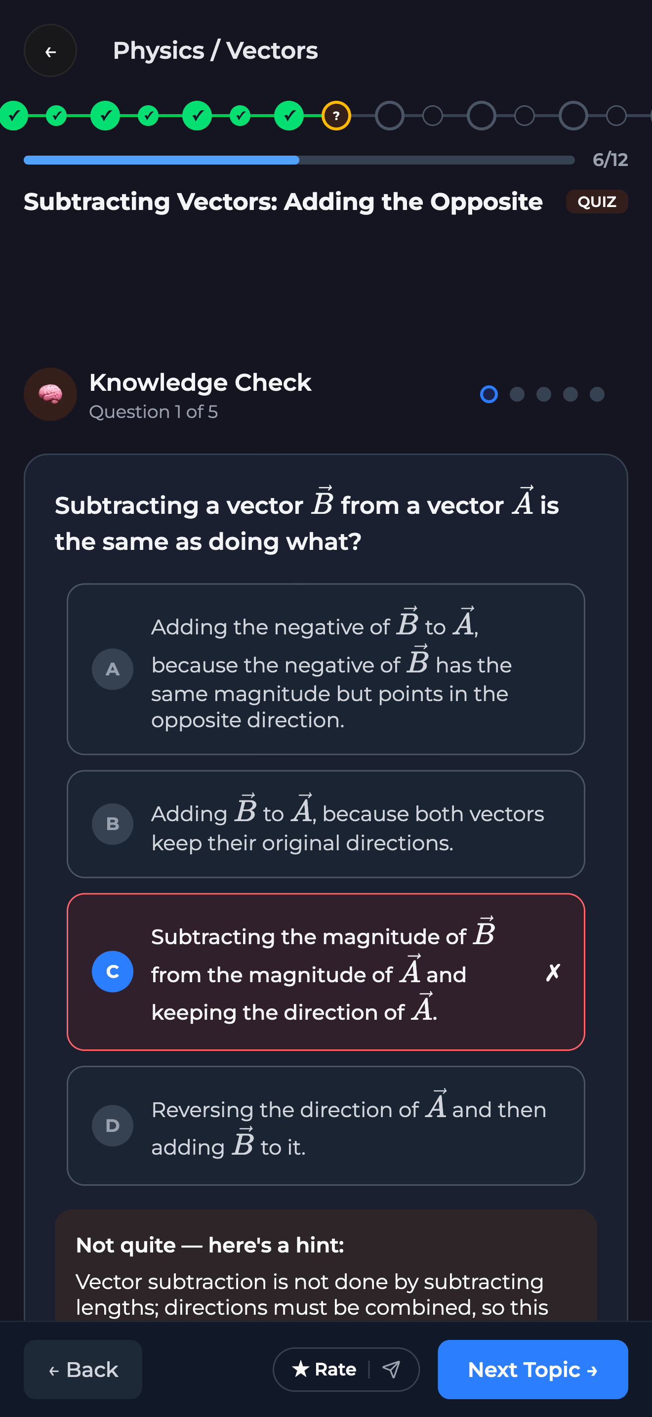 TutorVault guided quiz screen where a student answers a Biology question and gets instant AI marking with step-by-step feedback